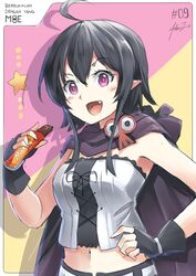  :d ahoge armpits bad_id bad_pixiv_id black_hair candy candy_bar cloak female fingerless_gloves food gloves guri hand_on_own_hip heart highres hood hooded_cloak indonesian_text looking_at_viewer midriff mystic-san navel oerba_yun_fang open_mouth pointy_ears purple_eyes ren&#039;ai_boukun shadow short_hair_with_long_locks skull smile solo star_(symbol) strapless translated tube_top 