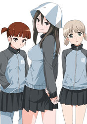  3girls aki_(girls_und_panzer) blonde_hair blue_headwear breasts brown_eyes brown_hair commentary_request emblem girls_und_panzer green_eyes hands_in_pockets hat highres jacket keizoku_military_uniform large_breasts long_hair looking_back mika_(girls_und_panzer) mikko_(girls_und_panzer) military military_uniform multiple_girls pants pants_under_skirt pleated_skirt shounan_ruizu side_ponytail skirt smile track_jacket tulip_hat twintails uniform white_background 