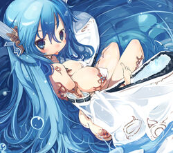  :p ass blue_eyes blue_hair blush breasts commentary_request covered_nipples dress female from_above kawahara_megumi large_breasts legs long_hair looking_back sitting solo thighs tongue tongue_out very_long_hair 