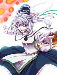  commentary_request female grey_hair hat japanese_clothes kuon_yashiro mononobe_no_futo open_mouth ponytail short_hair skirt smile solo tate_eboshi touhou 