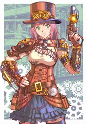  breasts commentary_request cowboy_shot female frilled_skirt frills gears green_eyes gun hand_on_own_hip hat highres medium_breasts original parted_lips purple_hair short_hair skirt solo steampunk stitches thighhighs weapon yusao zettai_ryouiki 