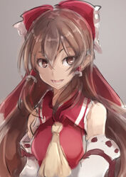  :d bare_shoulders bow brown_eyes brown_hair collared_vest commentary_request detached_sleeves female grey_background hair_between_eyes hair_tubes hairbow hakurei_reimu long_hair opanchu_(hakusen) open_mouth red_bow red_vest ribbon-trimmed_sleeves ribbon_trim sidelocks simple_background smile solo touhou upper_body very_long_hair vest 