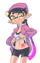  3d_rod! :3 beanie bike_shorts callie_(splatoon) clothes_lift commentary_request earrings female hair_ornament hat highres inkling jacket jewelry lifting_own_clothes looking_at_viewer navel pink_jacket pointy_ears purple_hair shirt_lift smile solo splatoon_(series) splatoon_2 stomach stomach_tattoo symbol-shaped_pupils tattoo yellow_eyes 