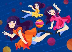  3girls :3 :d :o album_name a~chan bad_id bad_pixiv_id black_footwear blush closed_mouth commentary cosmic_explorer dress eggloaf english_commentary full_body kashiyuka long_hair looking_to_the_side multiple_girls night night_sky nocchi_(perfume) open_mouth orange_dress perfume_(band) pink_dress planet purple_hair round_teeth short_hair short_sleeves sky smile teeth v yellow_dress 