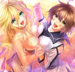  2girls ayase_kasumi_(dies_irae) blonde_hair breast_press breasts brown_eyes brown_hair commentary_request dies_irae green_eyes hatori_mia heart holding_hands interlocked_fingers large_breasts long_hair marie_(dies_irae) multiple_girls open_mouth scar scar_on_neck shinza_bansho_series short_hair smile symmetrical_docking 