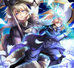  2girls armor beatrice_waltrud_von_kircheisen blonde_hair blue_eyes commentary_request crossover dies_irae fate/apocrypha fate_(series) flag hatori_mia jeanne_d&#039;arc_(fate) jeanne_d&#039;arc_(ruler)_(fate) lightning long_hair military military_uniform multiple_girls shinza_bansho_series sword uniform weapon yellow_eyes 