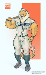  2016 anthro baseball_(sport) baseball_bat baseball_uniform bat_(object) big_bulge big_muscles blue_eyes bulge clothing cosplay costume felid halloween halloween_costume hi_res holidays huge_muscles hybrid hyper hyper_muscles leo_(saitama_seibu_lions) liger lion male mammal mane markings mascot muscular muscular_anthro muscular_male nippon_professional_baseball pantherine purrcules_(artist) purrcules_(character) saitama_seibu_lions simple_background solo sport sportswear text tiger uniform url 