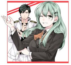  1boy admiral_(kancolle) admiral_shinonome_harutora aqua_hair bad_id bad_twitter_id border female hair_ornament hairclip kamen_rider kantai_collection long_hair military military_uniform nagomi_(mokatitk) one_eye_closed red_border suzuya_(kancolle) uniform 