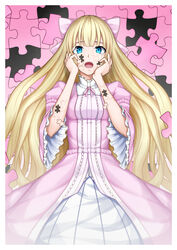  bad_id bad_pixiv_id blonde_hair blue_eyes blunt_bangs bow d: dissolving dress female hairbow hands_on_own_cheeks hands_on_own_face heisei_yutorin highres long_hair looking_at_viewer open_mouth original pink_background pink_dress puzzle_piece solo tears very_long_hair 