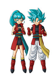  1boy beat_(dragon_ball) blue_eyes blue_hair boots breasts dragon_ball dragon_ball_heroes female full_body happy karoine note_(dragon_ball) ponytail saiyan shiny shiny_skin smile super_saiyan super_saiyan_blue tail 