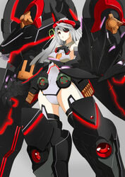  commentary_request crosshair eyepatch female grey_hair headgear highres holographic_interface infinite_stratos laura_bodewig leotard long_hair mecha_musume miyabi_(miura105) pilot_suit red_eyes solo 