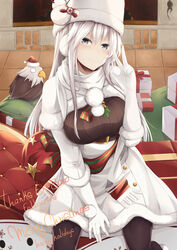  absurdres azur_lane bald_eagle bird blush christmas cleavage_cutout closed_mouth clothing_cutout commentary eagle enterprise_(azur_lane) enterprise_(reindeer_master)_(azur_lane) female fur_trim gift gloves grey_eyes grim_(azur_lane) head_tilt highres kana616 long_hair official_alternate_costume pantyhose santa_costume smile solo spanish_commentary white_hair white_santa_costume winter_clothes 