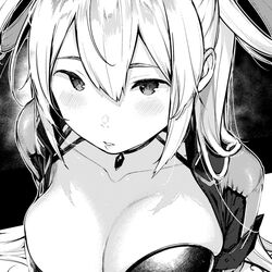  bad_id bad_twitter_id blush bra breasts choker copyright_request female fuyuno_kamome greyscale hair_between_eyes highres jewelry large_breasts looking_at_viewer monochrome necklace parted_lips short_sleeves solo twintails underwear upper_body 