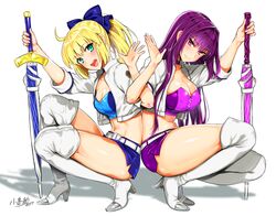  2girls :d adapted_object ahoge artoria_pendragon_(fate) beach_umbrella belt belt_buckle blonde_hair blue_bow blue_skirt blush boots bow breasts buckle choker cleavage closed_mouth closed_umbrella collarbone commentary_request crop_top cropped_jacket dated fate/grand_order fate/stay_night fate_(series) from_side full_body green_eyes hair_intakes hairbow high_heel_boots high_heels holding jacket kojima_saya large_breasts locked_arms long_hair midriff miniskirt multiple_girls navel official_alternate_costume official_alternate_hairstyle open_mouth ponytail purple_eyes purple_hair purple_skirt race_queen round_teeth saber_(fate) saber_(type-moon_racing)_(fate) scathach_(fate) shiny_skin short_sleeves signature skirt small_breasts smile squatting stomach strapless teeth thigh_boots thighhighs thighs tsurime tube_top umbrella waving white_footwear white_jacket white_legwear 