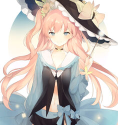  black_skirt blue_eyes blush closed_mouth commentary_request dress female gown hand_up hat holding long_hair long_sleeves looking_at_viewer lpip navel one_side_up original picture_hat pink_hair simple_background skirt smile solo wand wavy_hair white_background witch_hat 