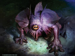  1_eye absurd_res ambiguous_gender amphibian english_text feral hasbro head_crest hi_res high-angle_view magic:_the_gathering marco_nelor monster official_art quadruped signature solo text wizards_of_the_coast 