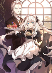  1boy :d alternate_costume apron aqua_eyes bishounen blue_eyes butler cake commentary_request drill_hair fate/apocrypha fate/grand_order fate_(series) female food french_flag highres jewelry jh karna_(animejapan_2016)_(fate) karna_(fate) long_hair maid maid_apron marie_antoinette_(animejapan_2016)_(fate) marie_antoinette_(fate) mini_flag official_alternate_costume open_mouth pantyhose pendant short_hair skirt_hold smile standing standing_on_one_leg tray tuxedo_jacket tuxedo_shirt twin_drills very_long_hair white_hair white_legwear window 