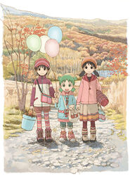  3girls autumn autumn_leaves ayase_ena azuma_kiyohiko balloon black_eyes black_hair boots bucket coat commentary cover cover_page duralumin full_body green_eyes green_hair hat hayasaka_miura holding_hands koiwai_yotsuba manga_cover multicolored_clothes multicolored_legwear multiple_girls official_art open_mouth outdoors pantyhose quad_tails red_legwear skirt smile stuffed_animal stuffed_toy teddy_bear textless_version twintails yotsubato! 