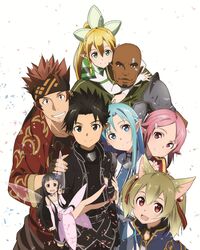  3boys 5girls :d agil agil_(sao-alo) animal_ears armor asuna_(sao) asuna_(sao-alo) barefoot blonde_hair cat_ears cat_girl dark-skinned_male dark_skin elf fairy fairy_wings flying grin highres hug kirito kirito_(sao-alo) klein_(sao) klein_(sao-alo) leafa lisbeth_(sao) lisbeth_(sao-alo) mini_person minigirl multiple_boys multiple_girls official_art open_mouth photoshop_(medium) pointy_ears shoulder_armor silica silica_(sao-alo) smile sword_art_online white_background white_wings wings yui_(sao) yui_(sao-alo) 