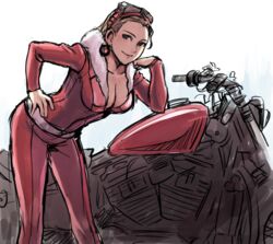  bad_id bad_pixiv_id breasts brown_eyes brown_hair cleavage desiree_delite earrings female goggles goggles_on_head gyakuten_saiban hand_on_own_hip jewelry large_breasts long_hair looking_at_viewer lotter75 motor_vehicle motorcycle no_bangs phoenix_wright:_ace_attorney_-_trials_and_tribulations smile solo 