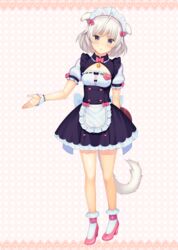  absurdres animal_ears apron blue_eyes blush bow cat_ears cat_tail cleavage_cutout clothing_cutout commentary female high_heels highres looking_at_viewer maid maid_headdress name_tag nekopara original short_hair solo tail waitress weyowang white_hair wrist_cuffs 