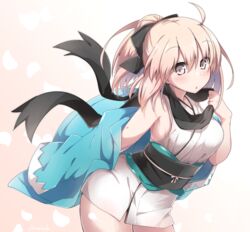  :o ahoge black_scarf blonde_hair blush bow commentary_request fate_(series) female grey_eyes hairbow haori japanese_clothes kimono koha-ace looking_at_viewer ohitashi_netsurou okita_souji_(fate) okita_souji_(koha-ace) open_mouth scarf short_kimono solo undressing 