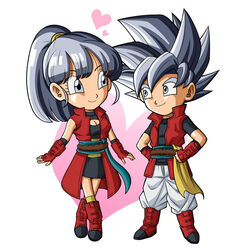  1boy beat_(dragon_ball) boots breasts chibi dragon_ball dragon_ball_heroes female full_body happy karoine note_(dragon_ball) ponytail saiyan shiny shiny_skin silver_eyes silver_hair smile straight tail ultra_instinct 