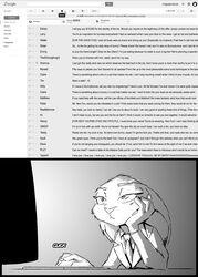  2018 anthro arm_support clothed clothing computer computer_mouse digital_drawing_(artwork) digital_media_(artwork) disney electronics email english_text fan_mail female google greyscale half-closed_eyes hi_res humor judy_hopps keyboard lagomorph leaning_on_elbow leporid mammal monitor monochrome narrowed_eyes necktie profanity rabbit solo sound_effects suit text thewyvernsweaver unimpressed zootopia 