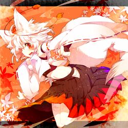  akibotann animal_ears blush bridal_gauntlets commentary_request detached_sleeves female inubashiri_momiji profile red_eyes short_hair skirt smile solo tail touhou white_hair wide_sleeves wolf_ears wolf_tail 