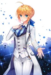  ahoge arthur_pendragon_(fate) arthur_pendragon_(fate)_(cosplay) arthur_pendragon_(white_rose)_(fate) arthur_pendragon_(white_rose)_(fate)_(cosplay) artoria_pendragon_(fate) bad_id bad_pixiv_id blonde_hair blue_bow blue_cape blue_flower blue_necktie blue_rose blue_shirt blush bow braid breasts cape collared_shirt commentary cosplay fate/grand_order fate_(series) female flower formal green_eyes hair_between_eyes hair_bun hairbow hand_up highres jacket long_sleeves looking_at_viewer multicolored_cape multicolored_clothes necktie pant_suit pants parted_lips petals rijjin rose saber_(fate) shirt sidelocks single_hair_bun small_breasts solo striped_clothes striped_shirt suit symbol-only_commentary thigh_gap v-shaped_eyebrows vertical-striped_clothes vertical-striped_shirt white_background white_cape white_jacket white_pants 