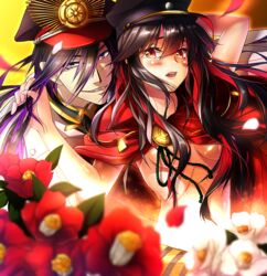  1boy amakasu_masahiko black_hair blurry blush breasts cape commentary_request crest crossover depth_of_field family_crest fate_(series) female flower hat hatori_mia koha-ace long_hair medium_breasts military_hat oda_nobunaga_(fate) oda_nobunaga_(koha-ace) oda_uri red_eyes soushuu_senshinkan_gakuen_hachimyoujin underboob 