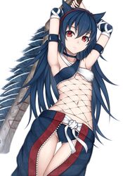  animal_ears armband armpits arms_up bad_id bad_pixiv_id black_hair breasts detached_sleeves female fishnets heisei_yutorin long_hair monster_hunter_(character) monster_hunter_(series) monster_hunter_4 nargacuga_(armor) navel panties red_eyes small_breasts solo thigh_gap underwear very_long_hair weapon 