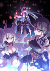  3girls abyssal_ship animal_ears azur_lane belt black_belt black_necktie blunt_bangs bow_(weapon) breasts brown_eyes brown_hair cleavage coat collared_shirt commentary_request crossover dark_persona enterprise_(azur_lane) eyeliner eyeshadow fox_ears fox_girl fox_tail hakama hakama_short_skirt hakama_skirt hat highres historical_name_connection japanese_clothes kaga_(azur_lane) kaga_(kancolle) kantai_collection kazekawa_nagi kimono kitsune makeup military_hat miniskirt multiple_girls multiple_tails muneate name_connection necktie open_clothes open_coat partial_commentary peaked_cap red_eyes shirt side_ponytail skirt sleeveless sleeveless_shirt tail underbust weapon white_hair white_hat white_kimono wide_sleeves 