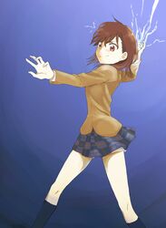  bad_id bad_pixiv_id brown_eyes brown_hair electricity female highres iwashi_(msr_rgb) misaka_mikoto school_uniform skirt solo toaru_kagaku_no_railgun toaru_majutsu_no_index tokiwadai_school_uniform 