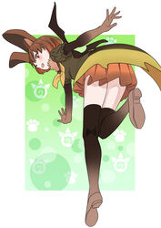  animal_ears back bad_id bad_tumblr_id bat_ears bat_wings brown_hair brown_long-eared_bat_(kemono_friends) female fur_trim gloves highres japari_symbol kemono_friends miniskirt momosuke_(ishakry) multicolored_hair oerba_yun_fang open_mouth orange_eyes orange_hair skirt solo thighhighs two-tone_hair white_background wings 