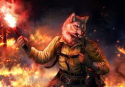  2018 anthro black_lips black_nose blue_eyes canid canine canis clothed clothing fire flare_(object) fur lips male mammal snarling solo standing teeth white_body white_fur wolf wolnir 