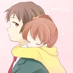  1boy bad_id bad_pixiv_id brother_and_sister brown_eyes brown_hair closed_eyes female hug hug_from_behind kinokosuke kita_high_school_uniform kyon kyon&#039;s_sister lowres necktie red_necktie school_uniform short_hair siblings side_ponytail suzumiya_haruhi_no_yuuutsu winter_uniform 