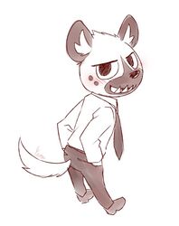  aggretsuko ass blush bottomwear clothing cotton_(artist) fangs haida_(aggretsuko) hand_in_pocket hands_in_both_pockets hyena male mammal necktie pants pockets sanrio smile solo spotted_hyena teeth 