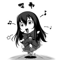  aoki_hagane_no_arpeggio bow chibi commentary_request dress female greyscale long_hair maya_(aoki_hagane_no_arpeggio) monochrome musical_note oerba_yun_fang open_mouth personification smiley_face solo striped takuteks thighhighs translation_request 