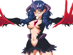  alternate_universe black_skirt blue_hair breasts commentary_request dark_blue_hair dark_persona female glasses gloves go!_princess_precure horns large_breasts long_hair microskirt nanase_yui navel outstretched_hand precure prehensile_hair purple_horns red_eyes red_gloves revealing_clothes skirt solo suzu-batsu twintails unofficial_precure_costume white_background 