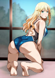  ass atago_(kancolle) barefoot blonde_hair breasts commentary_request competition_swimsuit female kantai_collection large_breasts long_hair monteriakitto one-piece_swimsuit soles solo swimsuit 