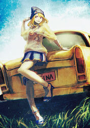  bad_id bad_pixiv_id blonde_hair bracelet car d&#039;orsay_heels female grass hat high_heels jewelry long_hair motor_vehicle necklace original photoshop_(medium) red_eyes skirt smile solo standing strappy_heels sunlight tank_top total 