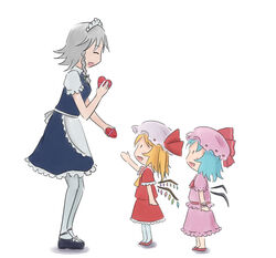  3girls agsagreen apron arm_at_side artistic_error ascot black_footwear blonde_hair blue_dress blue_hair blue_shirt blush_stickers bow braid child&#039;s_drawing chocolate closed_eyes commentary_request dress flandre_scarlet frilled_dress frilled_skirt frills from_side grey_hair hairbow hand_up happy hat hat_ribbon height_difference izayoi_sakuya maid maid_apron maid_headdress mob_cap multiple_girls open_mouth pantyhose pink_shirt pink_skirt profile red_footwear red_shirt red_skirt remilia_scarlet ribbon shirt short_dress short_hair short_sleeves siblings side_ponytail sisters skirt smile solid_oval_eyes standing touhou twin_braids valentine white_legwear white_shirt wings wrist_cuffs 