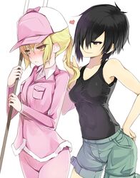  2girls abs arashiya bad_id bad_pixiv_id bare_shoulders baseball_cap black_eyes black_hair black_tank_top blonde_hair blush breasts coat covered_navel cowboy_shot eosinophil_(hataraku_saibou) fur_trim grin hair_over_one_eye hand_in_another&#039;s_hair hand_on_own_hip hat hataraku_saibou heart long_sleeves medium_breasts multiple_girls nk_cell_(hataraku_saibou) pants pink_hat polearm sasumata short_hair shorts simple_background skin_tight sleeveless smile standing tank_top twintails weapon white_background yellow_eyes yuri 