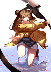  double_bun female hair_bun highres inami_sakura kyoukai_no_kanata red_eyes shorts solo weapon wenye1968 white_background 