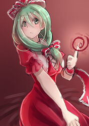  :&lt; blush bow closed_mouth commentary_request cowboy_shot cross-laced_clothes dress eyebrows female front_ponytail green_eyes green_hair hair_between_eyes hairbow hand_on_own_knee hat index_finger_raised kagiyama_hina magic opanchu_(hakusen) puffy_short_sleeves puffy_sleeves red_bow red_dress red_hat short_sleeves sitting solo spinning tareme touhou wrist_cuffs 