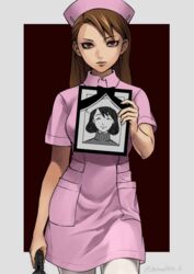  bad_id bad_pixiv_id bags_under_eyes brown_hair female gun gyakuten_saiban hat iei ini_miney long_hair looking_at_viewer lotter75 mimi_miney nurse nurse_cap pantyhose phoenix_wright:_ace_attorney_-_justice_for_all photo_(object) red_eyes smile solo spoilers weapon 