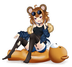  absurdres aged_down animal_ears bear_girl breasts brown_hair commentary_request eyewear_on_head feet female girls&#039;_frontline grizzly_mkv_(girls&#039;_frontline) grizzly_mkv_(teddy_transform!)_(girls&#039;_frontline) highres jacket official_alternate_costume open_mouth photoshop_(medium) purple_eyes short_hair small_breasts solo stuffed_animal stuffed_toy sunglasses tears teddy_bear thighhighs torn_clothes torn_thighhighs yan_lie 