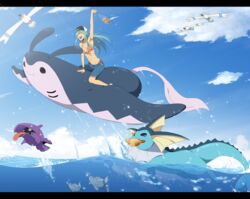  :d aqua_hair blue_sky cloud danzilla day denim denim_shorts flying gen_1_pokemon gen_2_pokemon gen_3_pokemon hat highres mantine midriff mouth_hold navel ocean open_mouth outdoors pokemon pokemon_(creature) remoraid shell shellder shorts sky smile swimming vaporeon wingull 