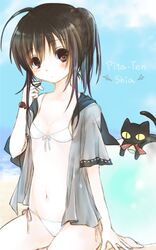  bikini black_cat black_hair breasts commentary_request feline female highres kapocha nyaa-san open_clothes open_shirt pita_ten shia_(pita_ten) shirt short_hair small_breasts solo swimsuit 